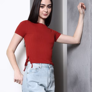 Short Length Vented Tie-Up Hem Ribbed Fitted Top